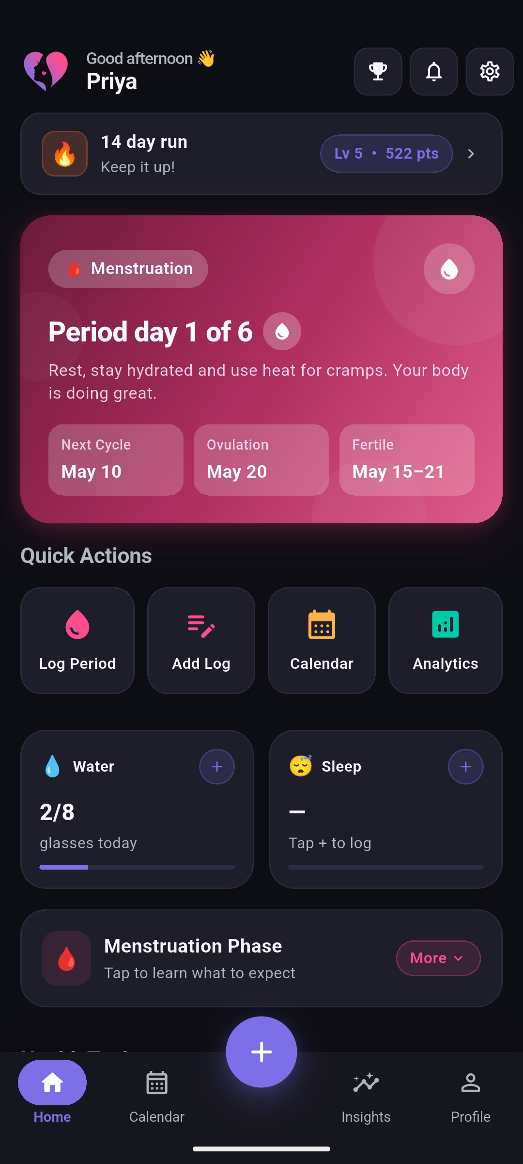 Flowly cycle prediction screen